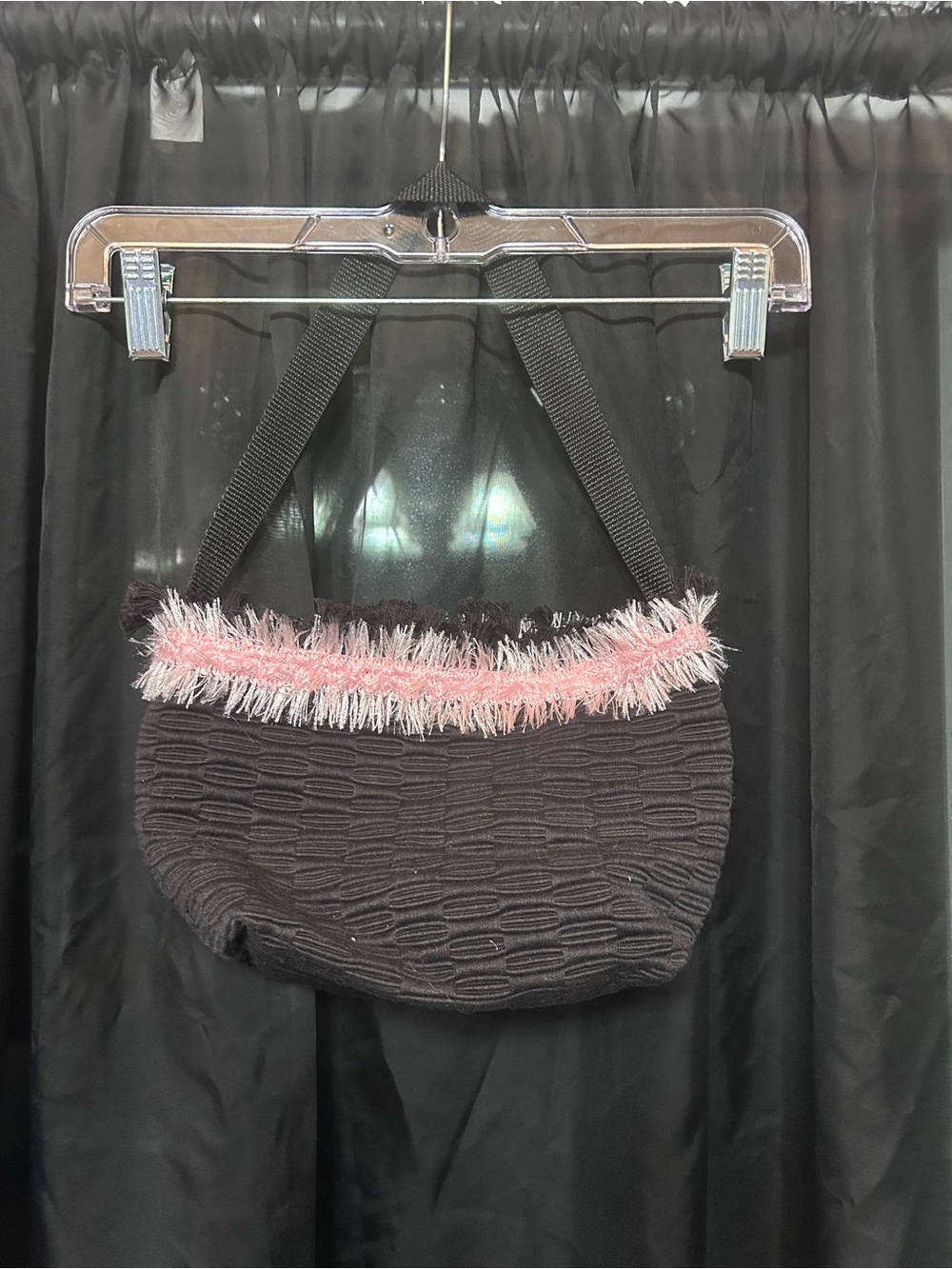 Textured Black Shoulder Bag with Pink Fringe Accent